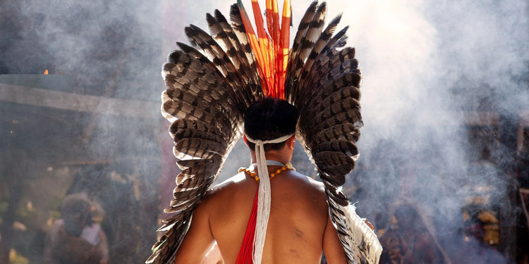 Amazonian tribesman wearing a ceremonial feather headdress during a traditional ritual