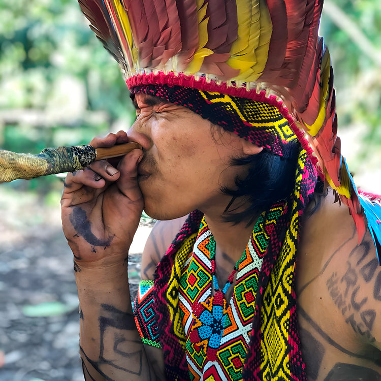 A Yawanawá tribe member receives rapé (hapé) through a hand-made tepi pipe