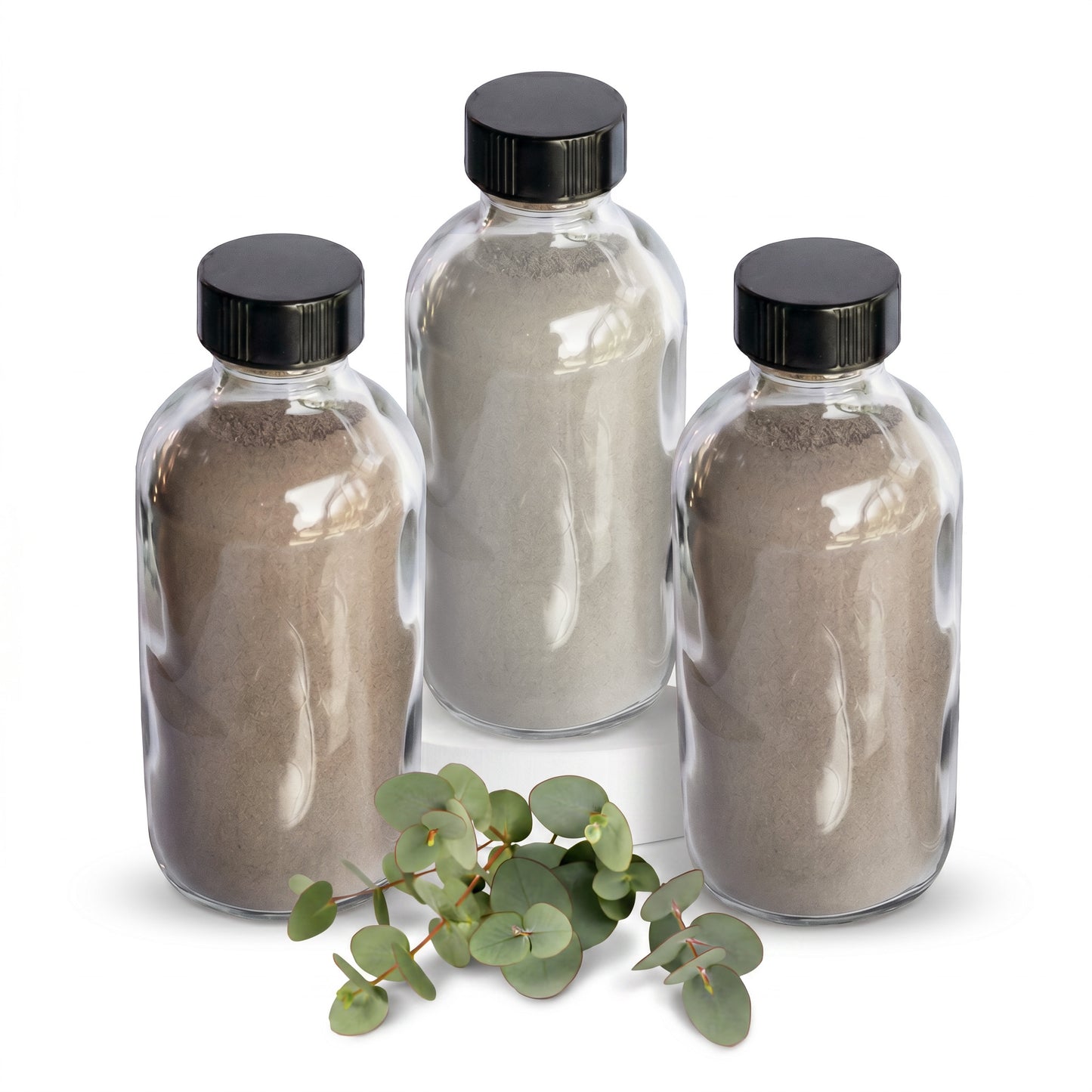 Focus & Flow hapé bundle — Chichá, Elixir and Eucalyptus rapé bottles with a eucalyptus sprig