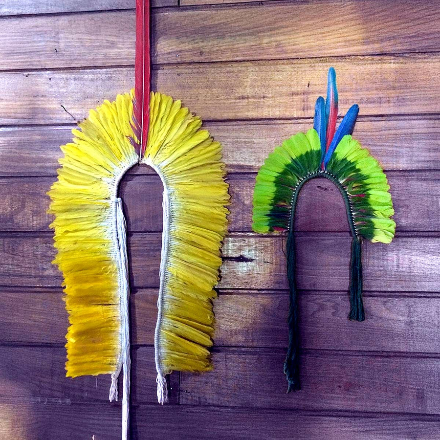 Traditional feathered headdresses of the Yawanawá, crafted for ceremonial use