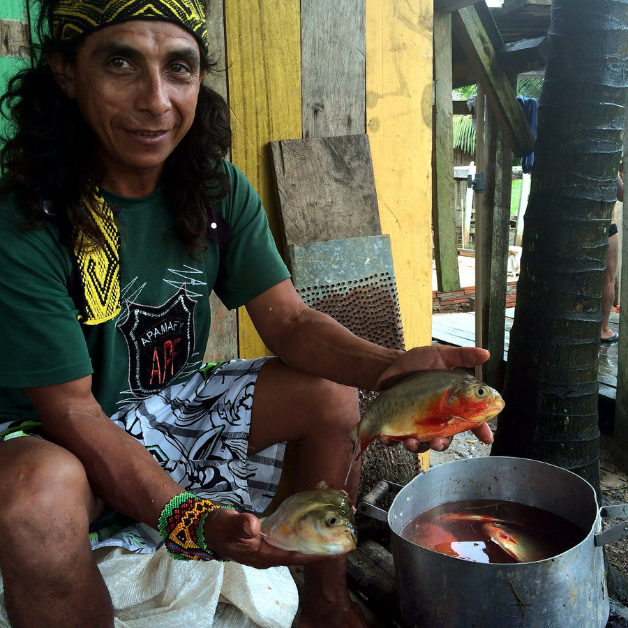 Fresh-caught fish by the cooking pot