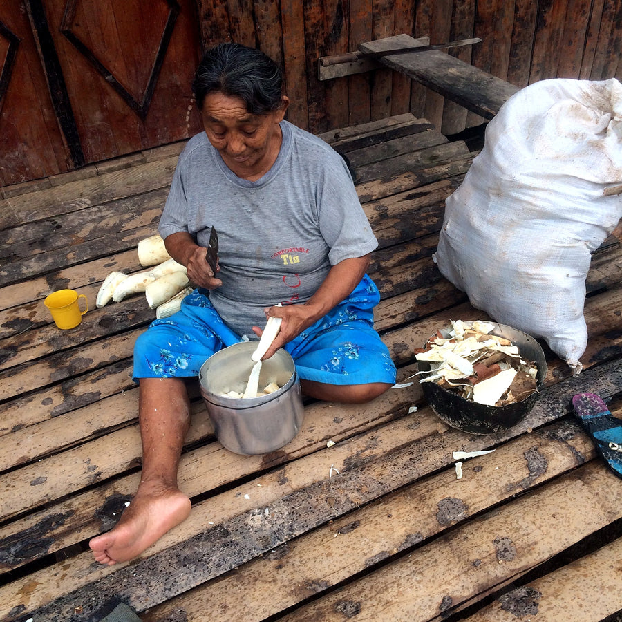 Preparing the manioc drink for tomorrow's kambô ceremony — gentle on the stomach when purging