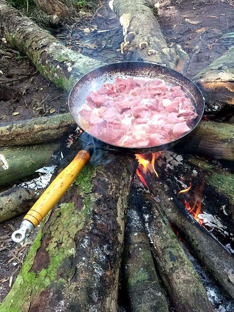 Traditional dish of wild boar cooking over an open fire in the forest